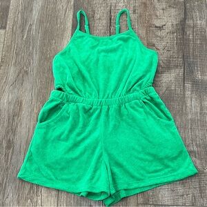 Girls Old Navy green loop terrycloth side cutout cami romper. Never worn.